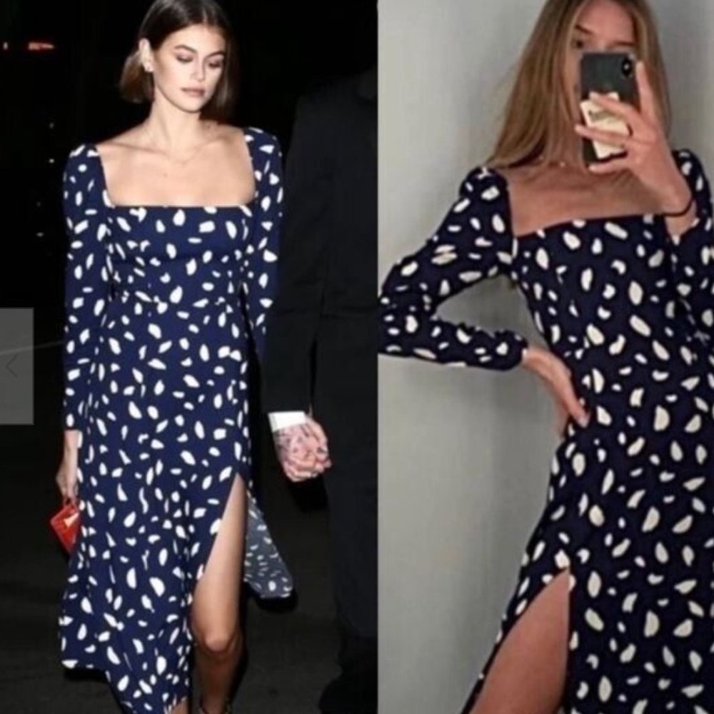 Reformation Sigmund Long Sleeve Midi Dress Square Neck Splatter Blue Size 0
